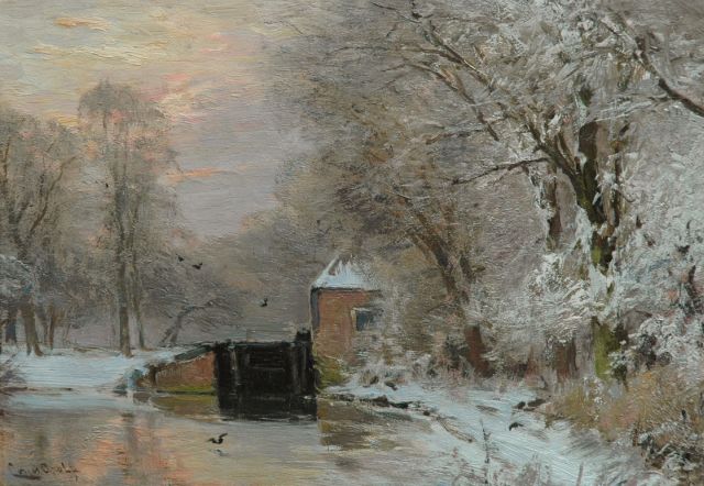 Apol L.F.H.  | A winter landscape with a lock, at sunset, oil on panel 26.5 x 38.0 cm, signed l.l.