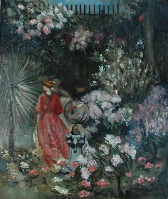 Ansingh M.E.G.  | In the flower garden, oil on canvas laid down on board 54.0 x 45.8 cm, signed l.r. with initials