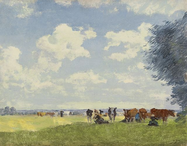 Jan Voerman sr. | Milking time in the shade, oil on panel, 32.3 x 41.2 cm, signed l.r. with initials