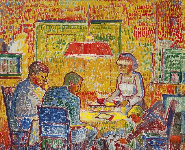 Harm Kamerlingh Onnes | A family by lamp-light, oil on board, 35.0 x 43.0 cm, signed l.r. with monogram and dated '35
