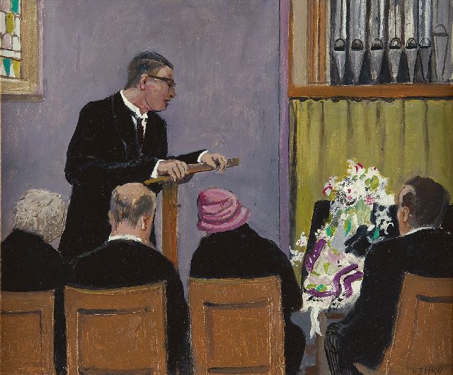 Kamerlingh Onnes H.H.  | The memorial service, oil on board 34.1 x 40.8 cm, signed l.r. with monogram and dated '63