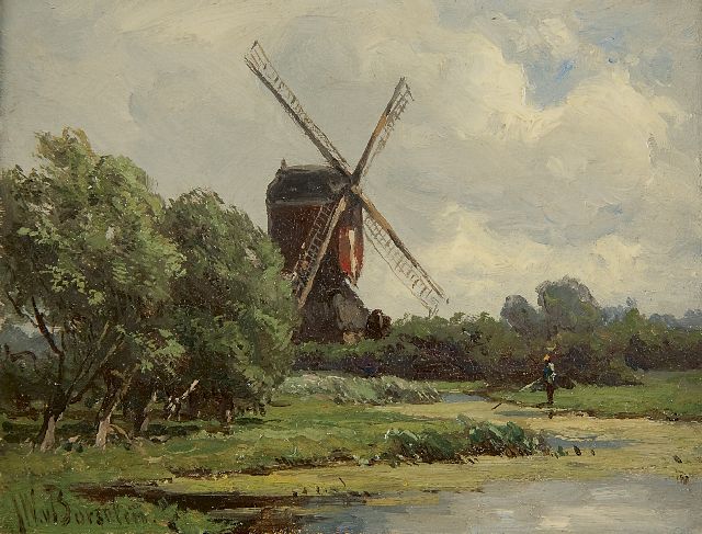 Jan Willem van Borselen | Windmill on the eastside of the polder 'Stolwijk' (near Gouda), oil on panel, 9.0 x 11.8 cm, signed l.l.