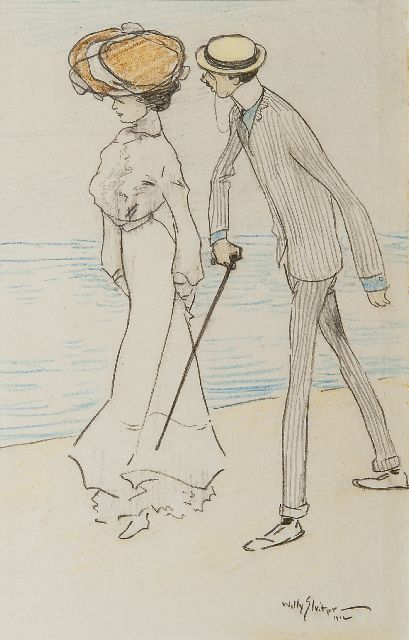 Willy Sluiter | A stroll along the beach, black and coloured chalk on paper, 27.0 x 17.0 cm, signed l.r. and dated 1912