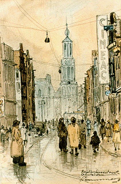 Lammers A.B.  | A view of the 'Reguliersbreestraat', Amsterdam, mixed media on paper 23.0 x 16.0 cm, signed l.r.