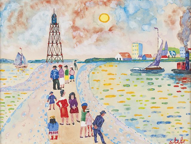 Ferry Slebe | A stroll along the harbour, watercolour on paper, 25.2 x 32.6 cm, signed l.r.