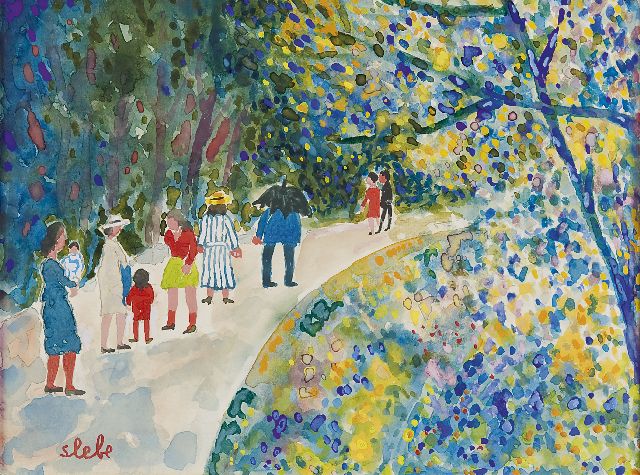 Slebe (Ferdinand Joseph Sleebe) F.  | A stroll in the parc, watercolour on paper 25.0 x 32.6 cm, signed l.l.