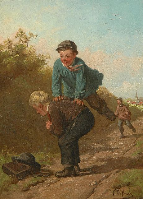 Frans de Beul | Playing leap frog, oil on panel, 24.0 x 17.6 cm, signed l.r.