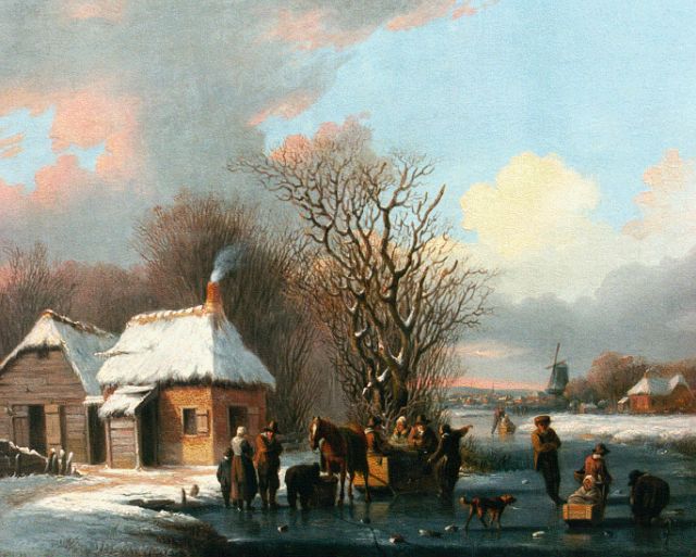 Stok J. van der | Activities on a frozen waterway, oil on panel 22.3 x 27.0 cm, signed on a cart