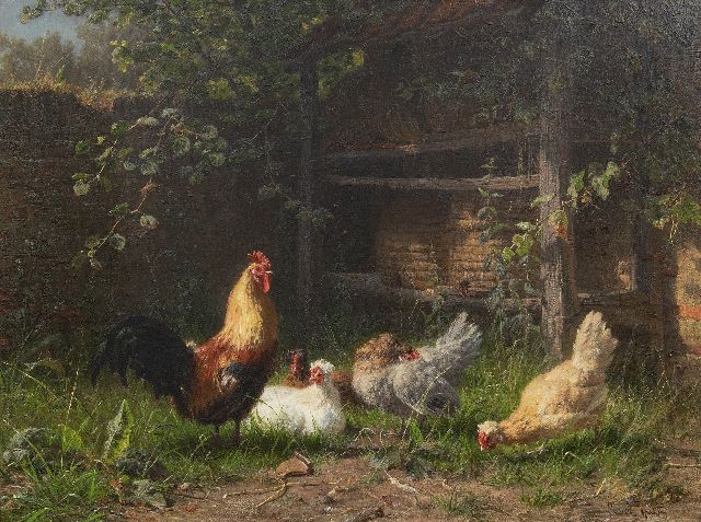 Jutz C.  | A rooster and chickens near beehives, oil on canvas 43.0 x 58.0 cm, signed l.r.