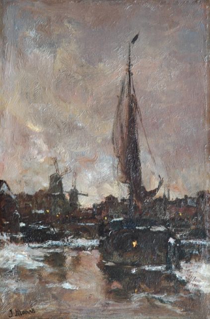 Maris J.H.  | A winter evening in Schiedam, oil on panel 35.9 x 23.6 cm, signed l.l.