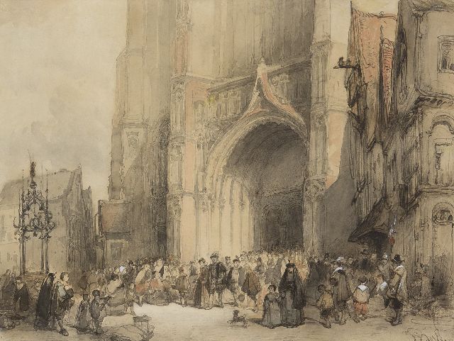 Johannes Bosboom | The cathedral of Antwerpen after service, ink, chalk and watercolour on paper, 30.7 x 40.7 cm, signed l.r.