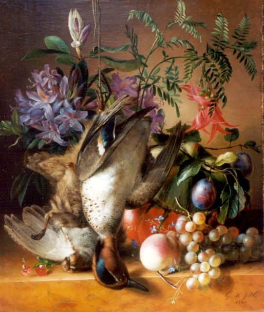 Huidekoper G.M.J.  | A still life with flowers, fruits and dead game, oil on canvas laid down on panel 54.2 x 46.3 cm, signed l.r. with initials and dated 1844