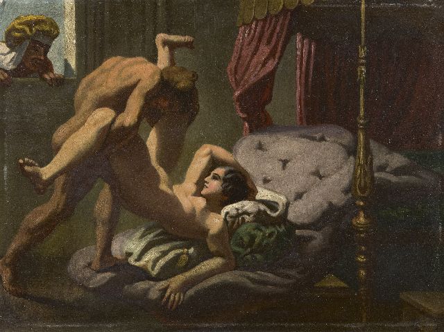 A. Fischer | The voyeur, oil on painter's board, 26.0 x 34.6 cm, signed l.l.