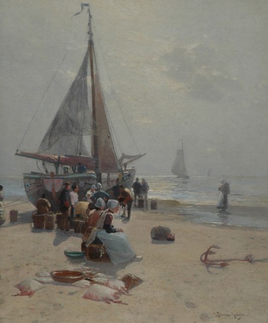 Petersen-Angeln H.  | The fish auction, Egmond, oil on canvas 112.0 x 90.4 cm, signed l.r. and painted between 1893-1895