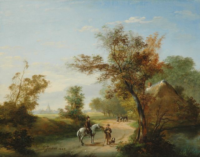 Jonker L.  | A summer landschape with landfolk and a horseman, oil on panel 32.8 x 41.3 cm, signed l.o.t.c. and dated 1847