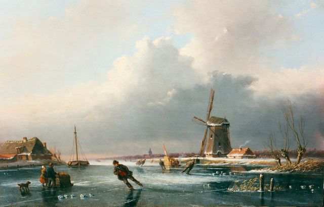 Anthony Andreas de Meijier | Skaters on the ice near a windmill, oil on panel, 24.0 x 36.5 cm