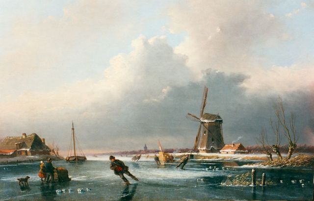 Meijier A.A. de | Skaters on the ice near a windmill, oil on panel 24.0 x 36.5 cm