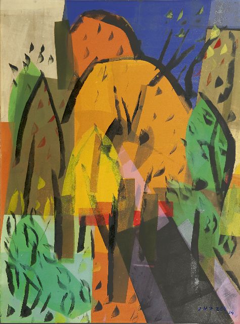 Jan van der Zee | Composition - Orchard, monotype; stencil and ink on paper, 64.8 x 47.9 cm, signed l.r. and dated '54