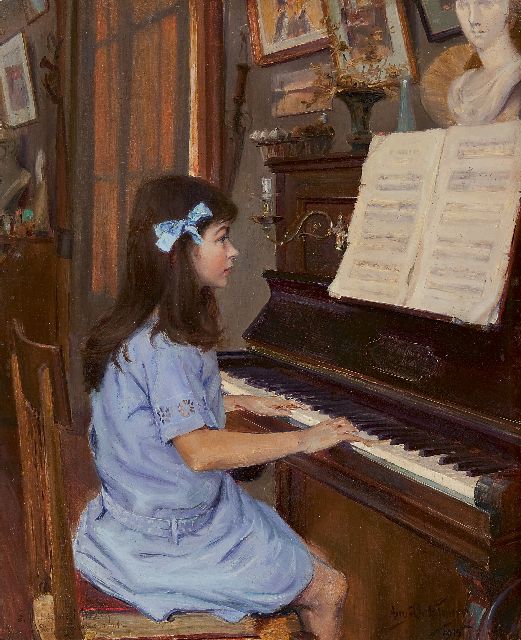 Bellanger A.  | Studying at the piano, oil on panel 40.9 x 32.6 cm, signed l.r. and dated 1915