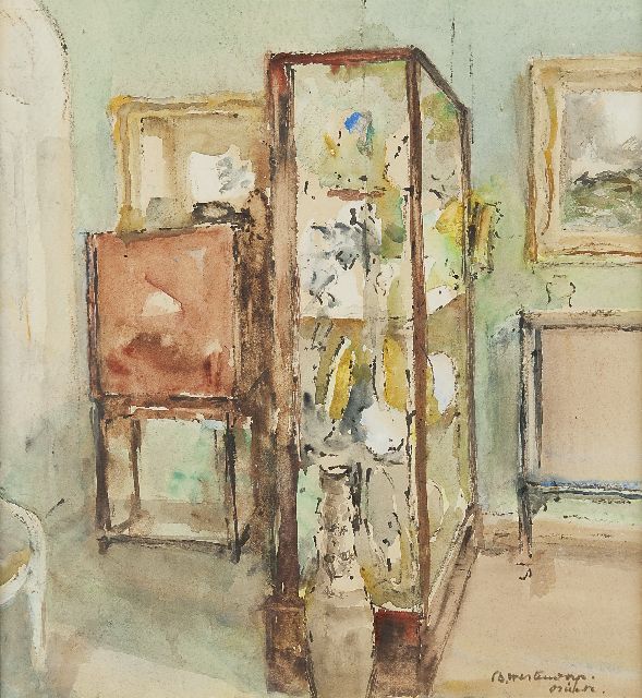 Westendorp-Osieck J.E.  | Interior with a showcase, watercolour on paper 32.0 x 30.0 cm, signed l.r.