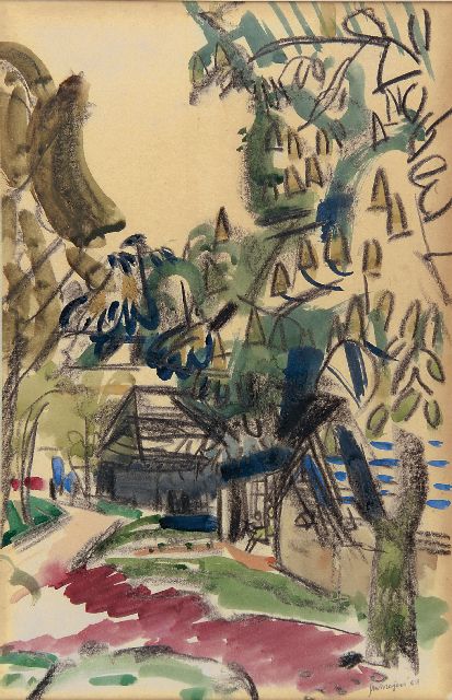 Jan Wiegers | Country road with houses and trees, black chalk and watercolour on paper, 38.4 x 25.2 cm, signed l.r. and dated '56
