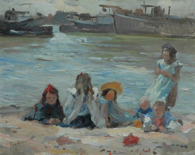 August van Voorden | Playing children alongside the canal, oil on panel, 27.2 x 34.2 cm, signed l.l.