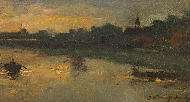 Weissenbruch H.J.  | Sunset near Noorden, oil on panel 12.4 x 22.4 cm, signed l.r. and painted in the 1890's