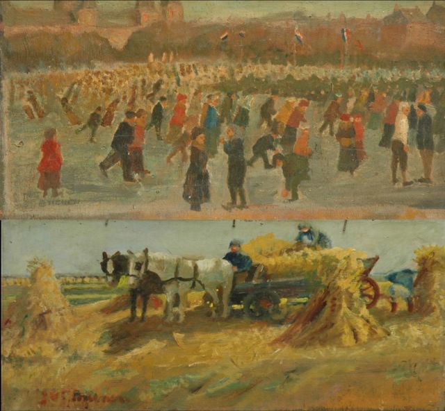 Brienen J.  | Skaters on the Museumplein in Amsterdam; on the reverse: Harvesting, oil on panel 28.5 x 54.3 cm, signed l.l. and on the reverse