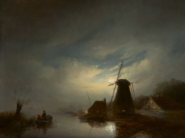 Willem Vester | A river landscape by moonlight, oil on panel, 28.1 x 37.2 cm, signed l.l.