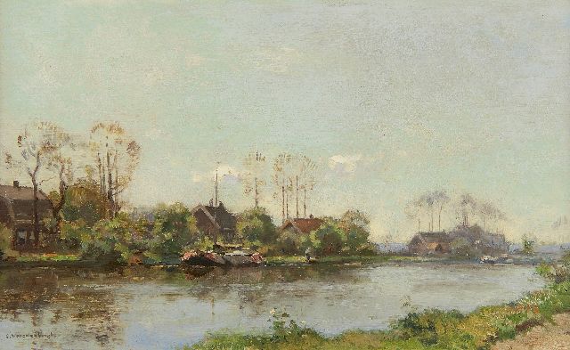 Cornelis Vreedenburgh | Moored ship on a Dutch waterway, oil on panel, 21.3 x 34.9 cm, signed l.l.