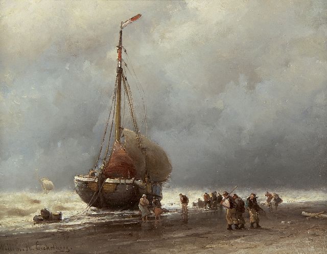 Willem Hendrik Eickelberg | Bringing in the catch in a storm, oil on panel, 26.8 x 35.0 cm, signed l.l.