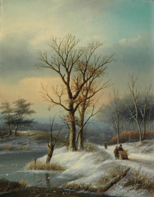Jan Jacob Spohler | Figures with a sledge on a snowy path, oil on canvas, 38.6 x 30.7 cm
