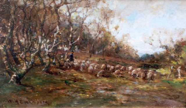 Eickelberg W.H.  | A shepherd with his flock, oil on panel 12.8 x 21.5 cm, signed signed l.l.