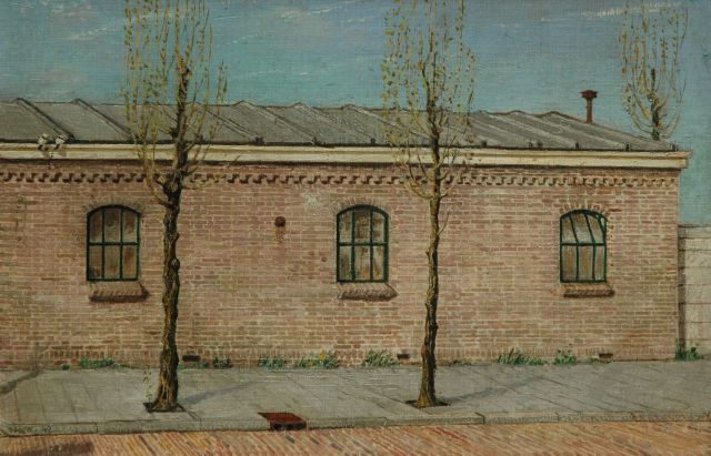 Kamerlingh Onnes H.H.  | A hangar with stable windows, oil on canvas laid down on panel 44.5 x 29.5 cm, signed l.l. with monogram and dated '42