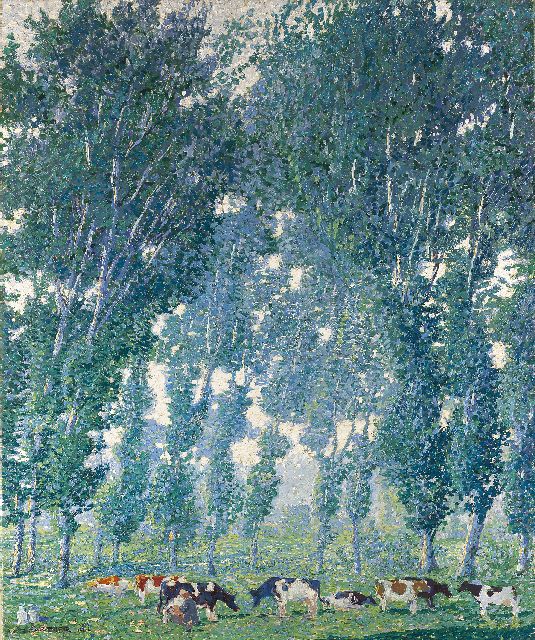 Gärtner F.A.  | Morning hours; cows under poplar trees on the Nederrijn, oil on canvas 90.3 x 75.7 cm, signed l.l. and dated 1916