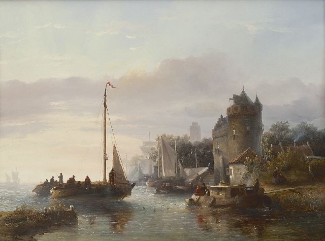 Verveer S.L.  | Activity on the river, the Grote Kerk of Dordrecht in the distance, oil on panel 42.8 x 57.9 cm, signed l.r. and dated '47