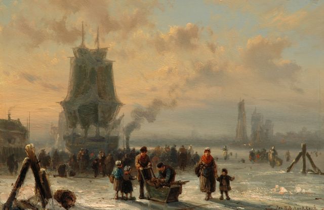 Jan H.B. Koekkoek | A busy day on the ice, oil on panel, 23.5 x 35.5 cm, signed l.r.