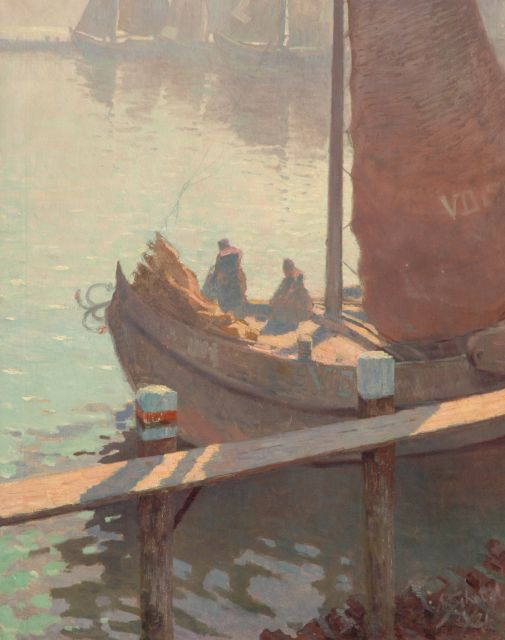 Schotel A.P.  | A fishing boat in the harbour of Volendam, oil on canvas 150.5 x 119.1 cm, signed l.r. and dated '21