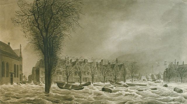 Johannes Hermanus Koekkoek | The Steenen Beer in Vlissingen during the 1808 flooding, pen and washed ink on paper, 22.5 x 40.0 cm