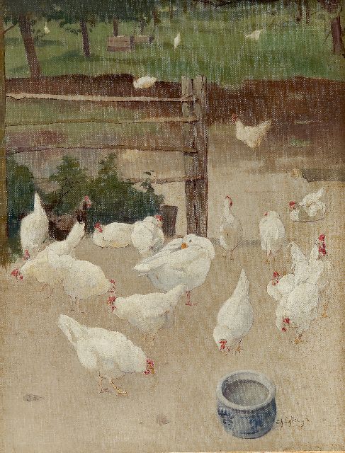 Evert Jan Ligtelijn | A goose and chickens in the farmyard, oil on canvas laid down on panel, 43.6 x 33.5 cm, signed l.r.