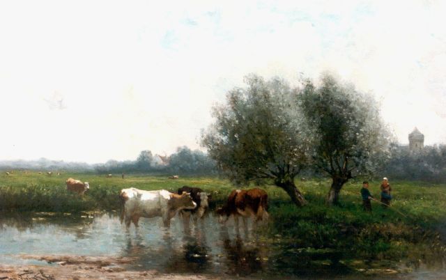 Vrolijk J.M.  | Polder landscape with cows watering, oil on panel 52.3 x 81.6 cm, signed l.l.