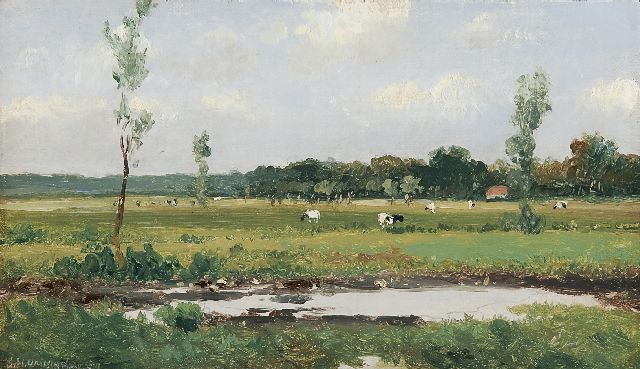 Jan Hendrik Weissenbruch | A Dutch landscape with cows, oil on canvas laid down on panel, 15.8 x 26.9 cm, signed l.l.