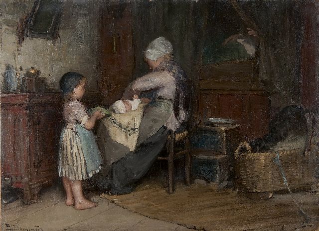 Blommers B.J.  | Helping mother, oil on panel 23.6 x 32.0 cm, signed l.l. and executed ca. 1875