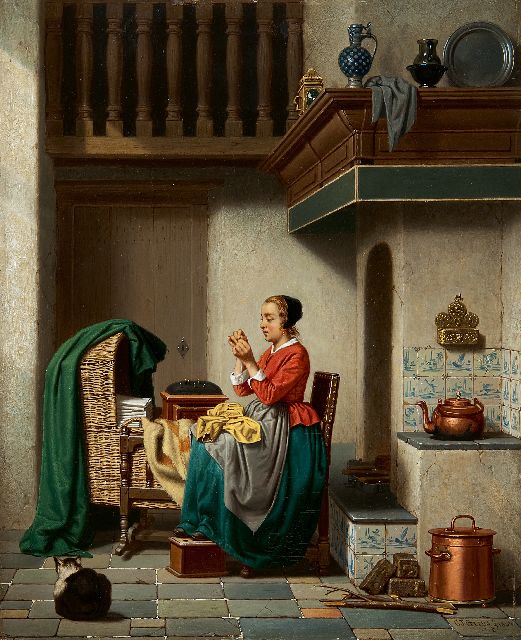 Carel Jozeph Grips | Mending the garments, oil on panel, 36.0 x 29.3 cm, signed l.r. and dated 1864