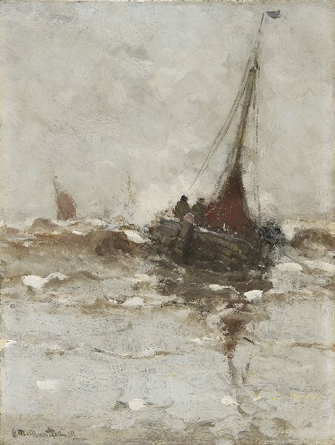 Munthe G.A.L.  | A fishing boat in the surf, oil on canvas 40.3 x 30.2 cm, signed l.l. and dated '19