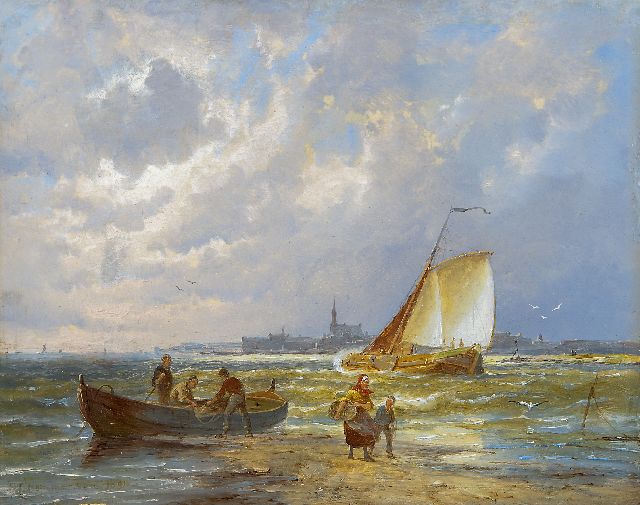 Pieter Cornelis  Dommershuijzen | Fishermen by a river, possibly near Kampen, oil on panel, 20.2 x 25.3 cm, signed l.l. and dated 1891