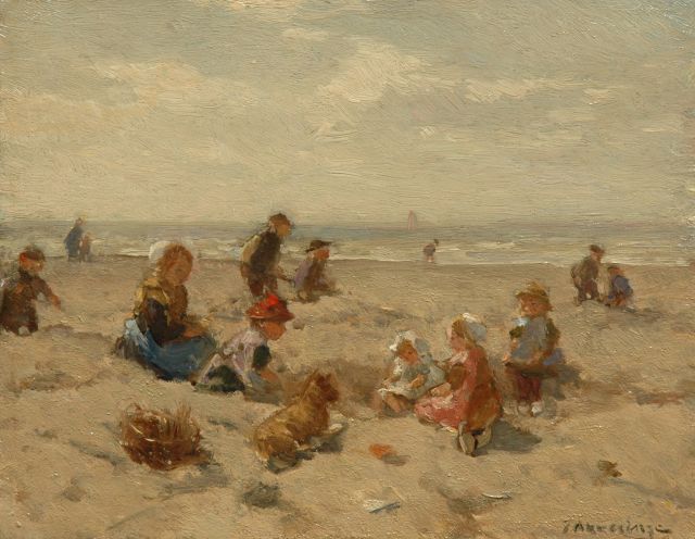 Johannes Evert Akkeringa | Children playing on a beach, oil on panel, 17.9 x 22.6 cm, signed l.r.