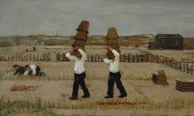 Harm Kamerlingh Onnes | Onion picking, oil on painter's board, 27.6 x 44.9 cm, signed l.r. with monogram and dated '37