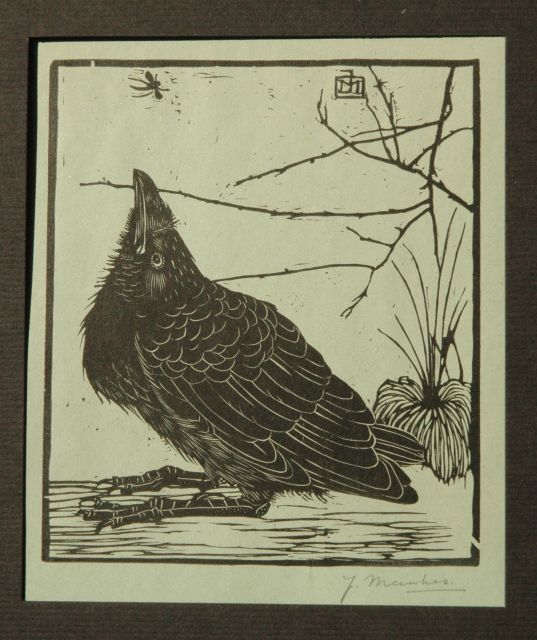 Mankes J.  | A crow watching a mosquito, woodcut on coloured paper 11.8 x 10.2 cm, signed w mon in the block and l.r. in full (in pencil) and to be dated 1918