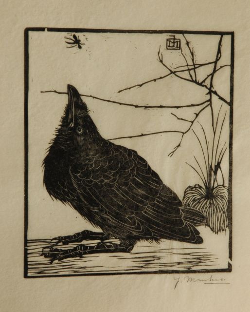 Mankes J.  | A crow watching a mosquito, woodcut on Japanese paper 11.8 x 10.2 cm, signed w mon in the block and l.r. in full (in pencil and executed in 1918